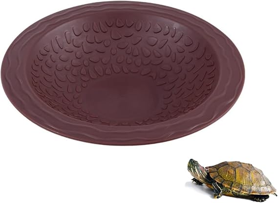 Round Reptile Bathing Pool Reptile Feeding Dish Water Bowl with Ramp Aquarium Ornament for Gecko, Snake, Turtle, Bearded Dragon, Lizard Bath (Brown-red)
