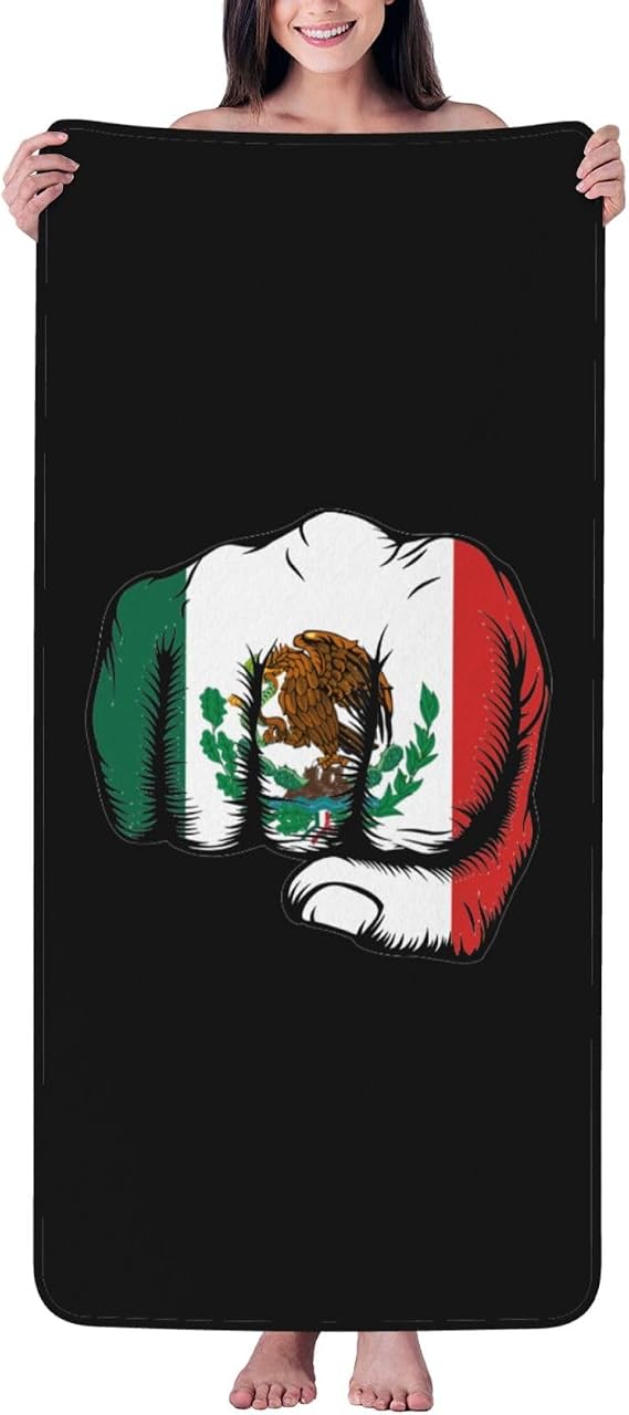 Flag of Mexico Fist Power Bath Towel - Quick Drying - Microfiber Coral Velvet Highly Absorbent Towels - Use as Bath Fitness, Bathroom, Shower, Sports, Yoga Towel (White)