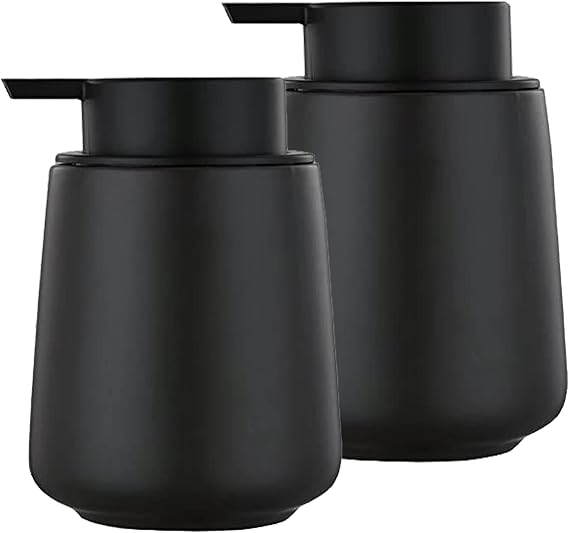 12Oz Hand Soap Dispenser Set - 2 Pack Ceramic Lotion Soap Dispenser Set with Easy-to-Press Black Pump, Refillable Mordern Liquid Dish Soap Dispensers for Bathroom & Kitchen (Black, Liquid Pump)