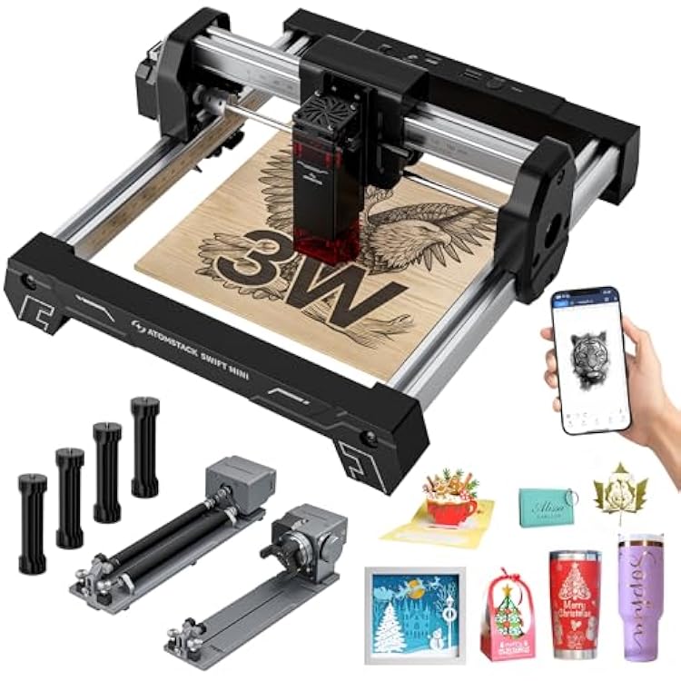 ATOMSTACK Swift Mini 3W Laser Engraver with R8 Pro Rotary Roller, 100% Pre-Assembled Beginner Machine, FREE AI Software, 360 Rotation for Tumblers/Rings/Balls, WiFi/USB, DIY Gifts & Small Business