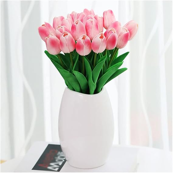 Fake Flowers Tulip Artificial Flower with Vase Real Touch Artificial Bouquet Fake Flower Set for Wedding Decoration Home Garen Decor Dry Flowers Bouquet,C
