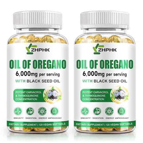 Oregano Oil Organic, 6000mg Oil of Oregano with Black Seed Oil Supplement Oregano Oil Extract Antioxidant, Immune & Digestive Support, Non-GMO, Gluten Free, 240 Count