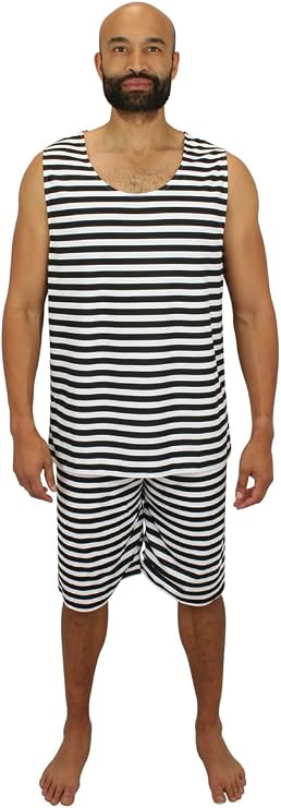 Historical Emporium Men's 1900s Striped Tank Bathing Suit, Victorian Edwardian Swimwear Beach Halloween Costumes Theater