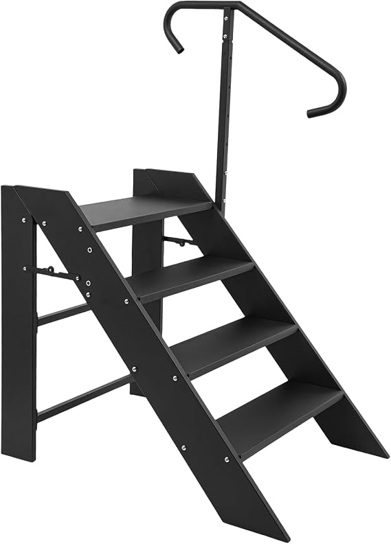 Foldable Step Stool, 4 Step Metal Folding RV Steps with Height Adjustable Handrail, Portable Camper Steps Outdoor for Reaching High, Travel Trailer, Mobile Home -242Lbs Capacity
