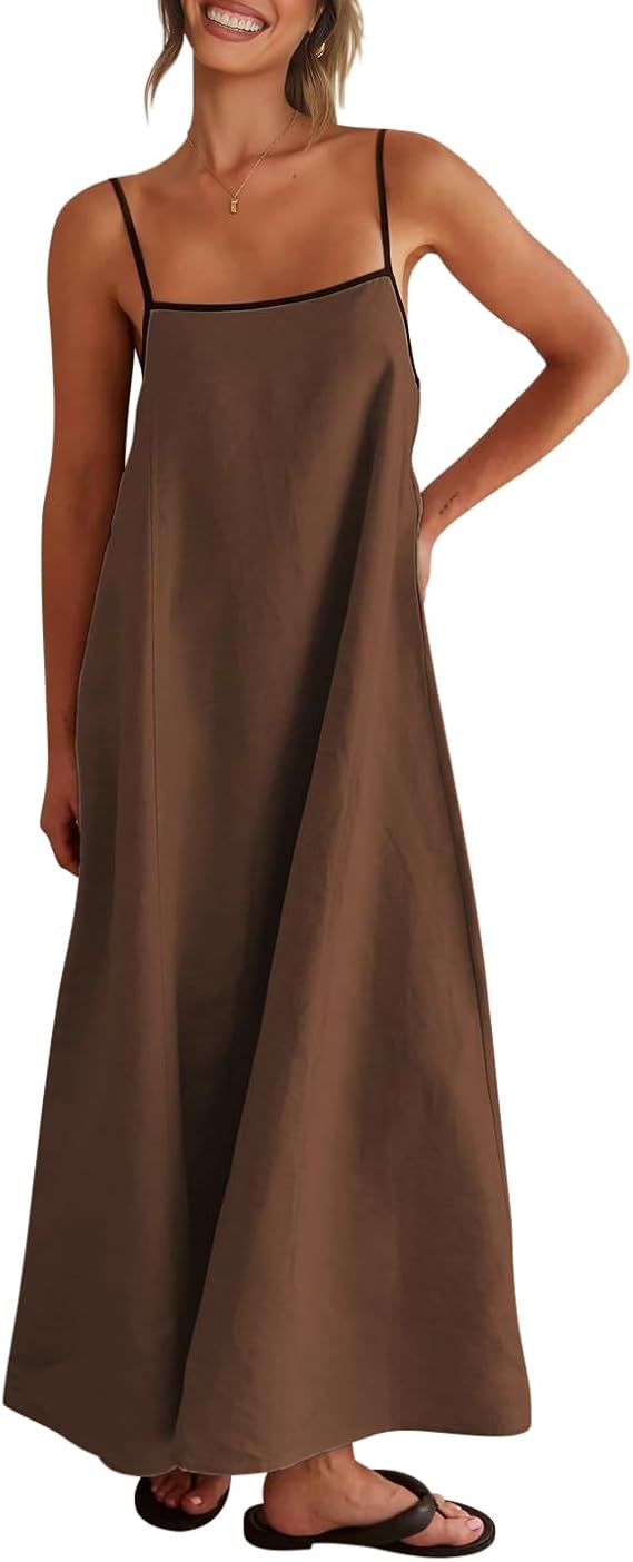Shy Velvet Women's Linen Maxi Dress Spaghetti Strap Casual Boho Dress | Linen Maxi Dress, Boho Vacation Dress, Long Dress for Beach Vacation, Summer Dress, Cute and Comfy, With Pocket