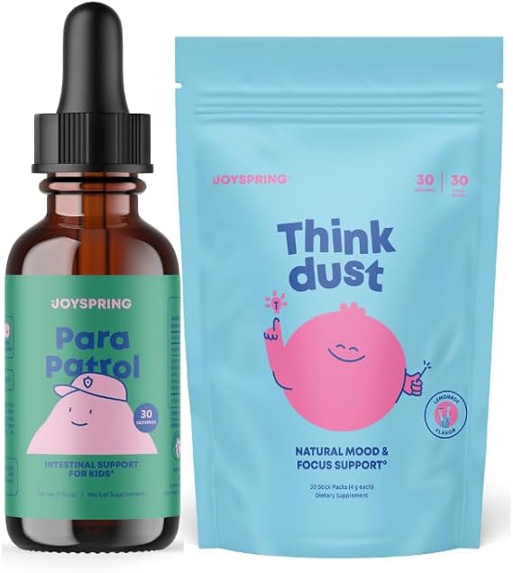 JoySpring Kids Digestive & Calm Bundle | ParaPatrol Herbal Cleanse Liquid (Black Walnut & Wormwood) + Think Dust Magnesium Saffron Stick Packs | Sugar Free, Vegan, Daily Gut & Focus Support for Kids A