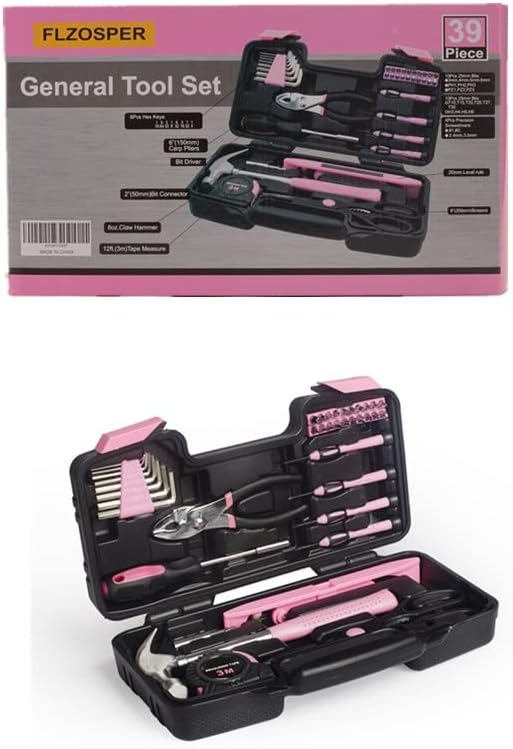 39-Piece Tool Set,General Household Hand Tool Kit with Portable Toolbox Storage-Great Gift for Beginners (Pink-Horizontal Measurement)