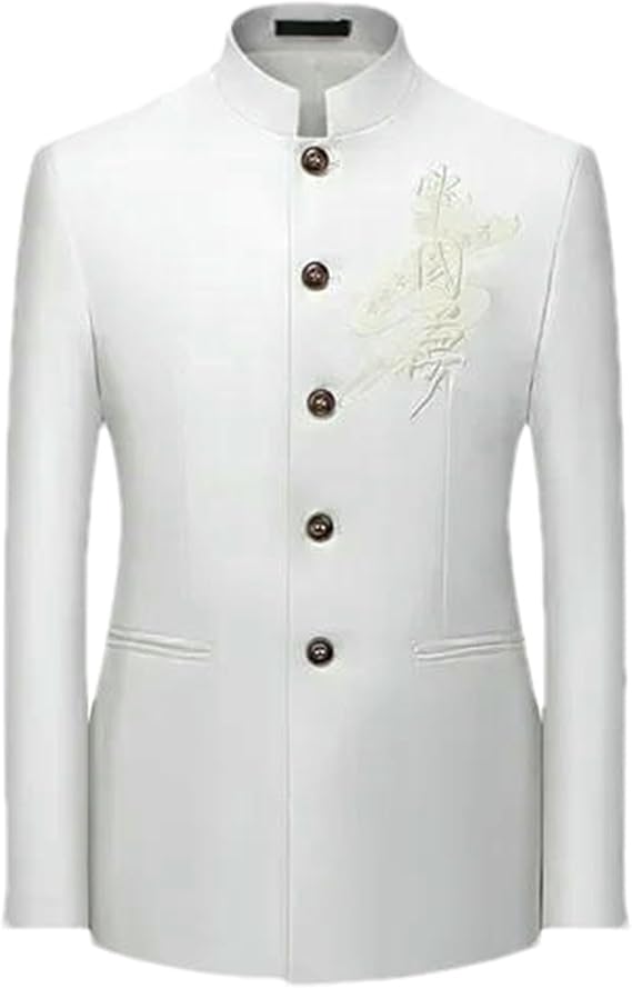 Mens Chinese Mandarin Collar Blazer Jacket Suit Coat Stand Collar Single Breasted 5-Button Wedding Party Business