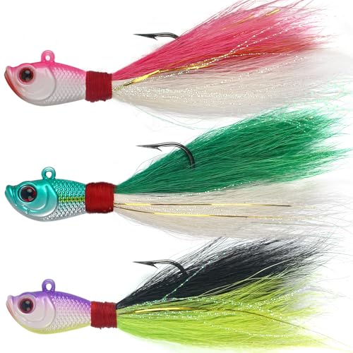 Bucktail Jigs Saltwater Freshwater Lures Surf Fishing Lure Hook, Deer Hair Swimbait Jig Heads for Bass Flounder Striper Bluefish Halibut Redfish 14oz, 12oz, 1oz, 1.5oz, 2oz