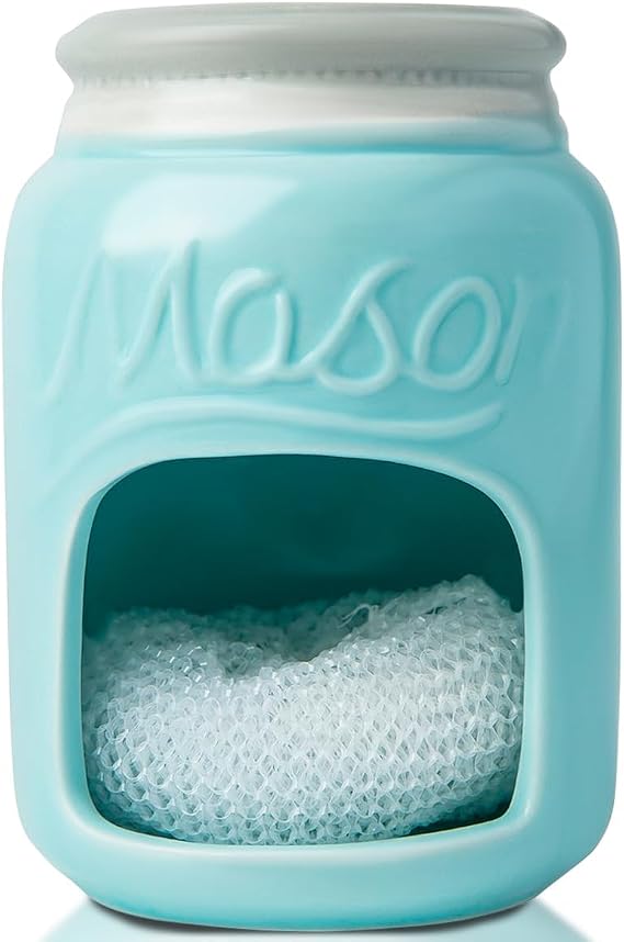 Comfify Aqua Blue Mason Jar Ceramic Sponge Holder Farmhouse Sink Caddy