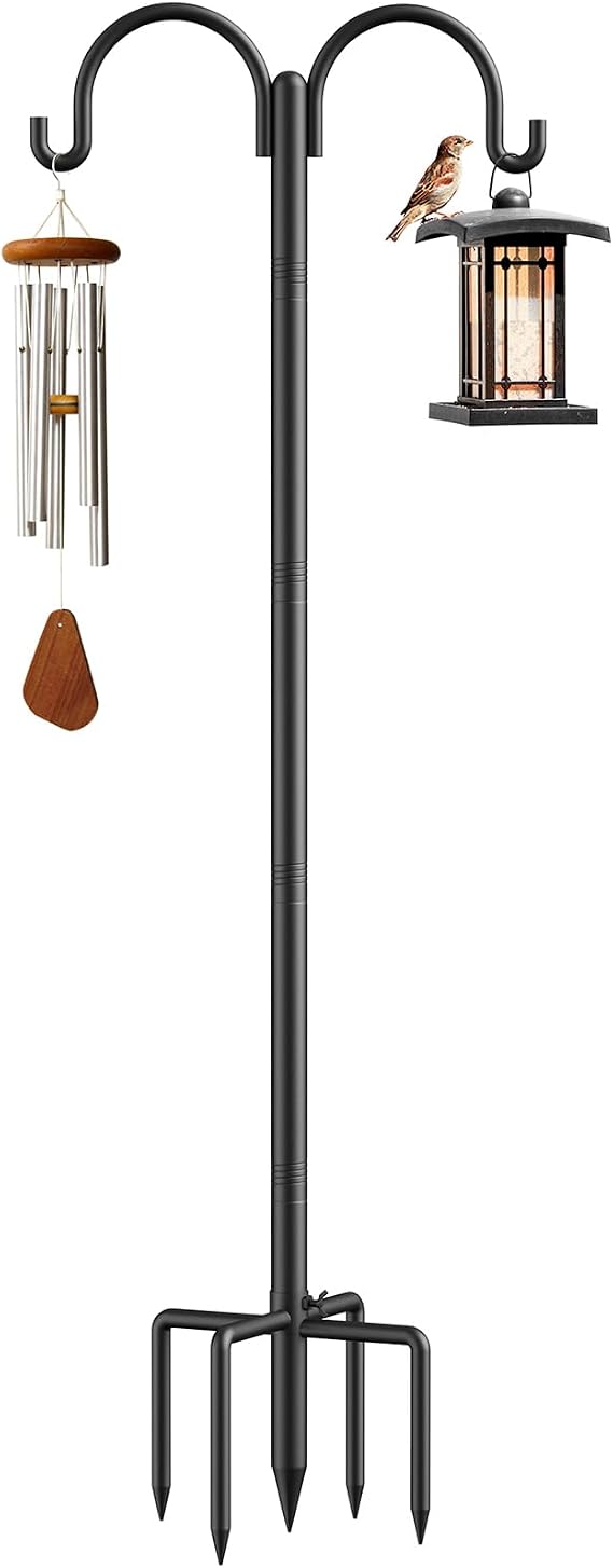 Relx Bird Feeder Pole - Adjustable Double Shepherds Hooks for Bird Feeder with 5 Prong Base - 76 Inch Heavy Duty Shepherds Hooks for Outdoor,Hanging Garden Plant,Solar Light Lanterns
