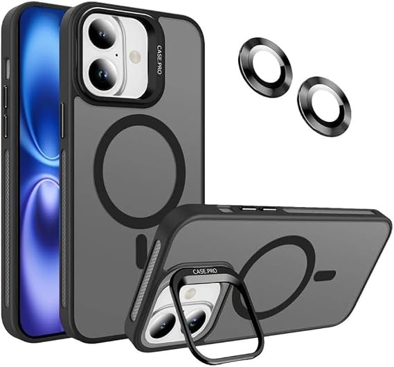 MADNOVA iPhone 16 için Kılıf Kamera Korumalı Magsafe Wireless Şarj Özellikli Lens Hediyeli Mat Şeffaf Renkli Standlı Kılıf (SİYAH)