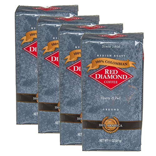 Red Diamond Ground Coffee, 100% Colombian, Medium Roast, Premium Arabica Beans, Hearty & Full Flavor, 11 Ounce Resealable Bags 4 Pack