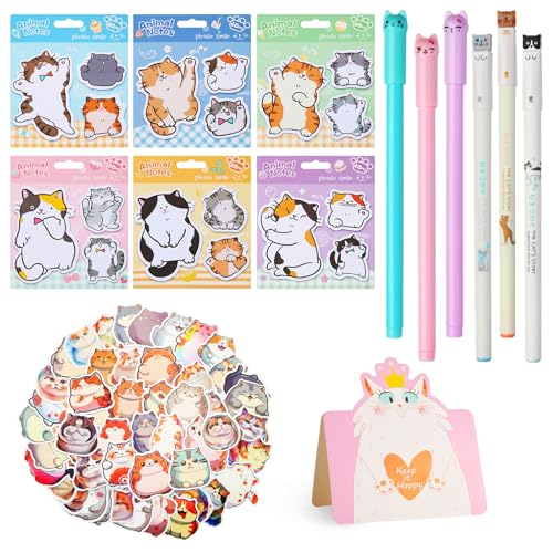 Cat Office School Supplies,Cute Sticky Notes Gel Ink Pens Stickers Greeting Card for Cat Lovers Stationery Supplies 63