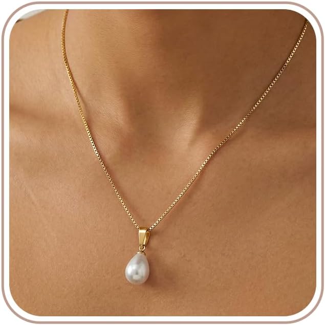 Pearl Necklaces for Women Trendy, Dainty 14k Gold Plated Single Pearl Necklace Simple Drop Charm Pendant Wedding Bride Bridesmaid Necklace Gold Jewelry for Women Birthday Gifts Accesory