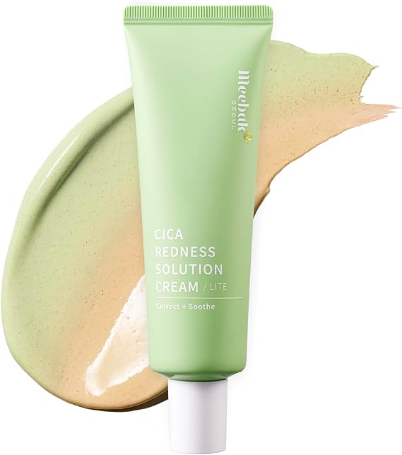 Meebak Cica Redness Solution Lite – Green Color Correcting CC Cream for Redness Relief w/Niacinamide & Centella Asiatica, Korean Tone Up Cream, Tinted Moisturizer for Sensitive, Fair to Medium Skin