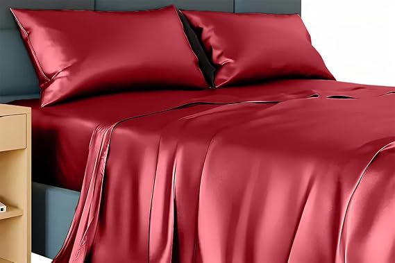 Twin Silk Sheet Set True Silk Sheets Set -Hotel Luxury Bed Sheets - Extra Soft - Deep Pockets - Breathable & Cooling - Wrinkle Free - Comfy- Burgundy Bed Sheets
