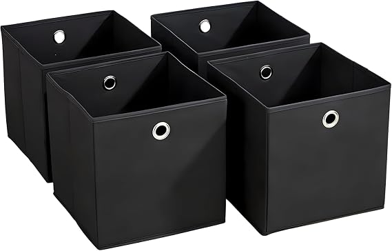 Home Source Cube Storage Boxes, Collapsible Fabric Storage Baskets, Foldable Canvas Organising Boxes, 4 Piece, Black