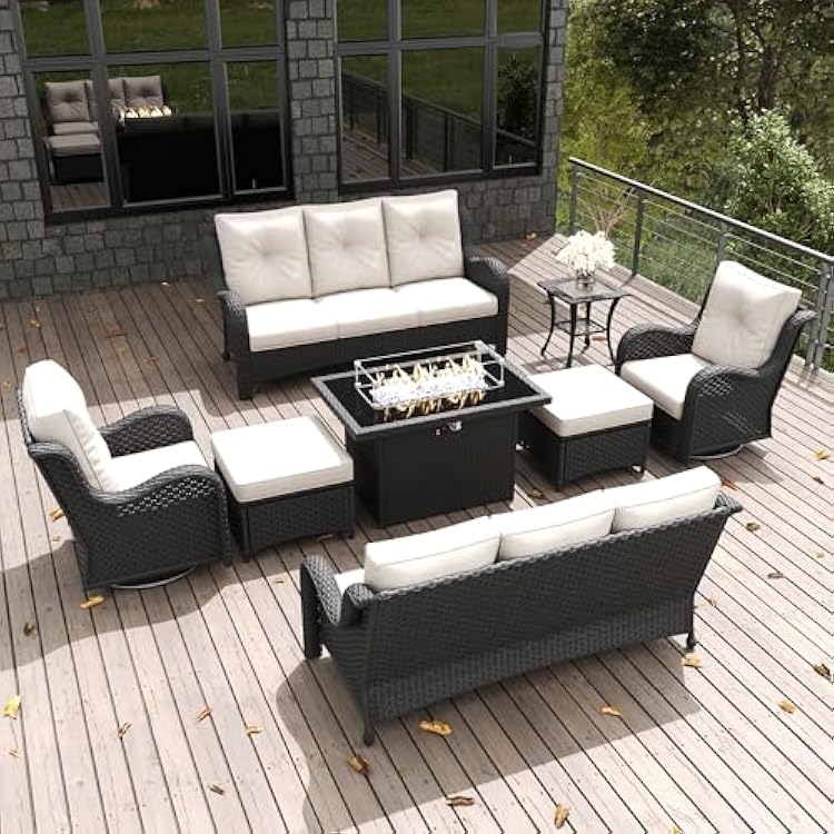 LayinSun 8 Pieces Outdoor Patio Furniture Set with Fire Pit Table, Rattan Wicker Sectional Swivel Rocker Chairs Sets with Ottomans, Swivel Glider Chair and Coffee Table