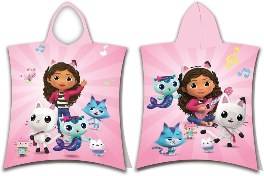 Jerry Fabrics Gabby's Dollhouse Hooded Poncho Towel for Kids 100% Cotton 115 x 50 cm | Beach Bath Hooded Poncho Towel Pandy Paw Mercat Cakey Cat Fairy Gift for Girls Boys Toddlers