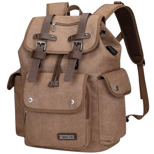 WITZMAN Canvas Backpack for Men Vintage Rucksack Fit 15.6 inch Laptop Backpack Travel High Capacity Casual Daypack A8004 brown