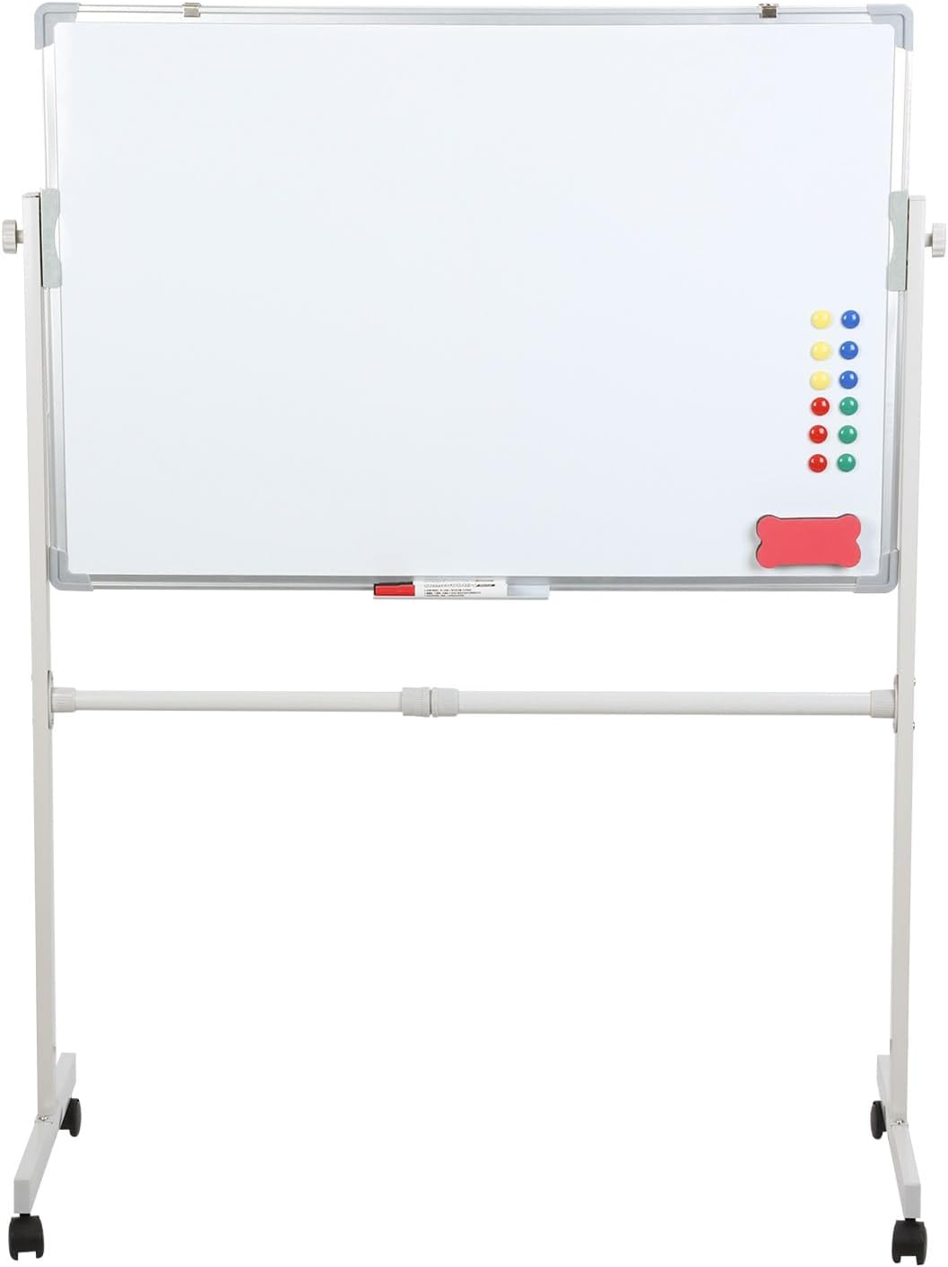 Rolling Whiteboard on Wheels, Double-Sided Magnetic Dry Erase Board with Stand, Portable Mobile White Board with 5 Markers, 12 Magnets & 1 Eraser for Office, Classroom, or Home, White, 60x90cm, Metal