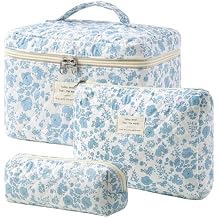 HBselect Quilted Makeup Bag, 3PCS Cotton Large Travel Makeup Bag, Cute Floral Coquette Make up Bag Cosmetic Bag Toiletry Bag for Women Girls