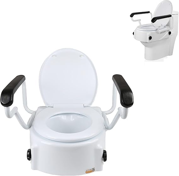Raised Toilet Seat with Arms - for Elongated Toilets, Elevated Toilet Riser with Removable Padded Handles, Easy On and Off