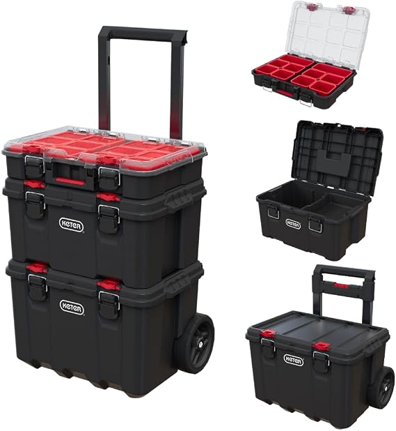 Keter Stack-n-Roll Modular Tools Organizer for Garage Storage and DIY, 3 Piece Resin Rolling Tool Box System for Small Parts, Black