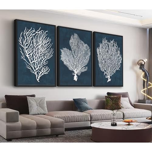 Large Framed Coral Wall Art - Navy Blue Coastal Wall Decor Painting 24x36 Set of 3 Minimalist Beach Wall Art Prints Rustic Ocean Coral Canvas Pictures for Living Room Bedroom Office Artwork