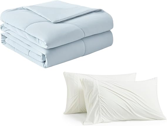 Cozy Bliss Cooling Pillowcases White 20 * 26 and Cooling Comforter Blue Twin Size 60 * 90