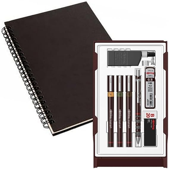 rOtring Isograph Pen Set Technical Pen & Pencil College Set S0699370 | 3 Pens (0.20mm, 0.30mm, 0.50mm) and Mechanical Pencil (0.5mm) | Accessories with Notebook