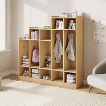 5-Section Kids Coat Locker - 9 Cubbies, 10 Hooks - Wooden Storage Organizer for Home, School, Nursery, Kindergarten - Natural Wood Color