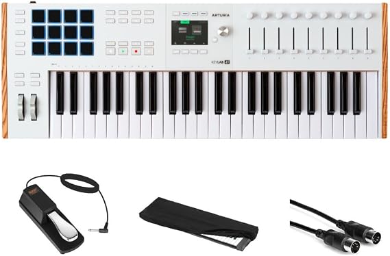 Arturia KeyLab 49 mk3 White 49 Key USB MIDI Keyboard Controller Bundle with Auray FP-P1L Universal Piano Sustain Pedal, Kaces KKC-MD Stretchy Keyboard Dust Cover medium, Hosa Mid-310 Black 10 cable