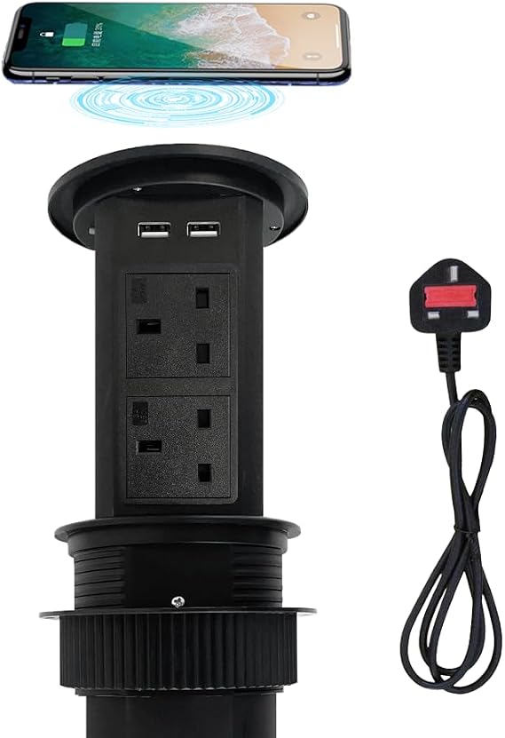 ZESHAN pop up socket motorised pop up sockets for kitchen worktops with wireless charging, 4 UK plugs, 2 USB A and 2 USB C Charging stations for Kitchen Counter, furniture desk,Conference Room, Black