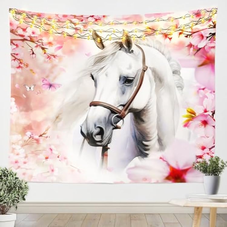 Erosebridal White Horse Tapestry for Bedroom, Pink Cherry Blossom Horse Wall Decor, Flower Butterfly Print Tapestry Wall Art 51x59, Rustic Country Farmhouse Animal Tapestries for Room Home Decor