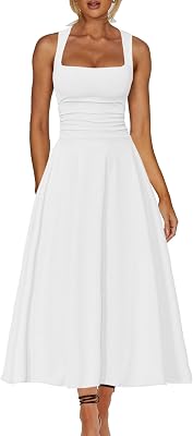 Kaximil Womens Square Neck Corset A Line Maxi Dress Ruffle Ruched Waist Flowy Long Dresses