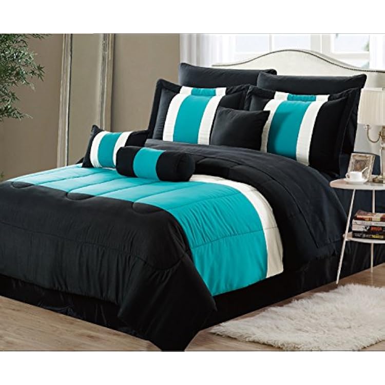 Empire 8-Piece Oversized Teal Blue & Black Comforter Set Bedding with Sheet Set King