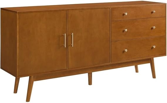 Allora 70" Mid Century Modern Wood Sideboard, Acorn Finish, 3 Drawers, 2 Soft-Close Doors, 2 Adjustable Shelves, Tapered Legs, Versatile Buffet or Storage Cabinet for Dining, Living Room, or Office