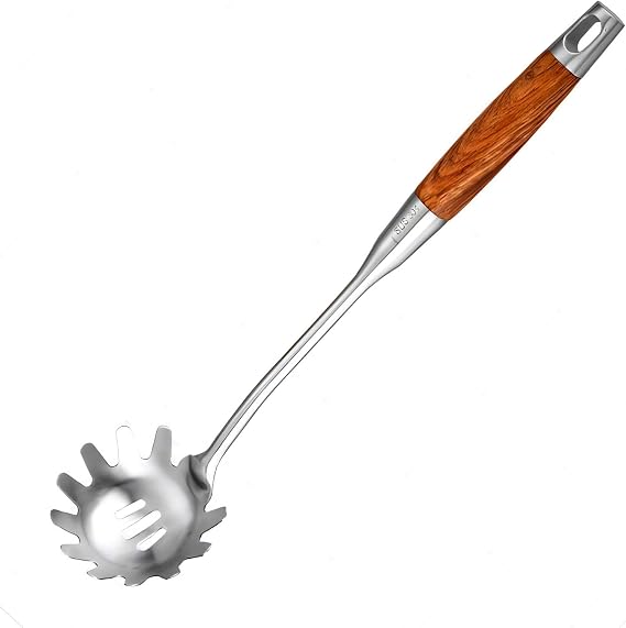 Spaghetti Spoon Stainless Steel, Metal Pasta Spoon with Teeth, Wooden Handle Pasta Fork Noodle Scoop for Cooking - 14 Spaghetti Claw Server Utensil