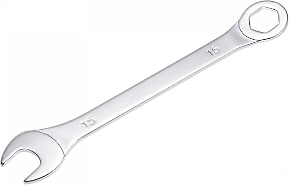 sourcing map Thin Combination Wrench with Offset 6-Point End and Angled Open End, Metric Mirror-Chrome Plated High Carbon Steel, for Household Repairs, 15mm
