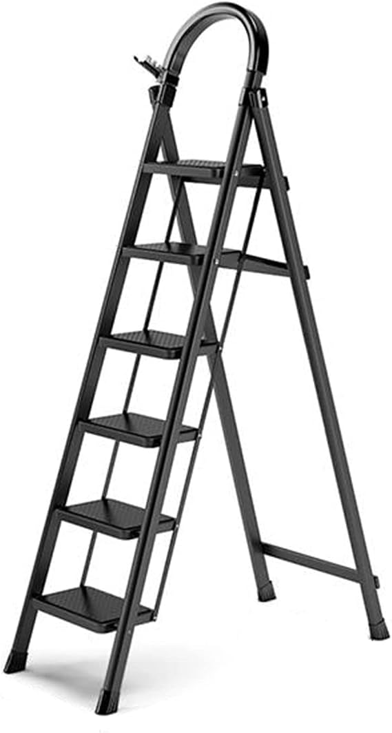 HYO&ZOY 6-Step Ladder Foldable Step Stool Ladder Carbon Steel Ladder 550lbs Load Capacity Anti-Skid Large Pedal Tool Holder for Household (Color : Black)