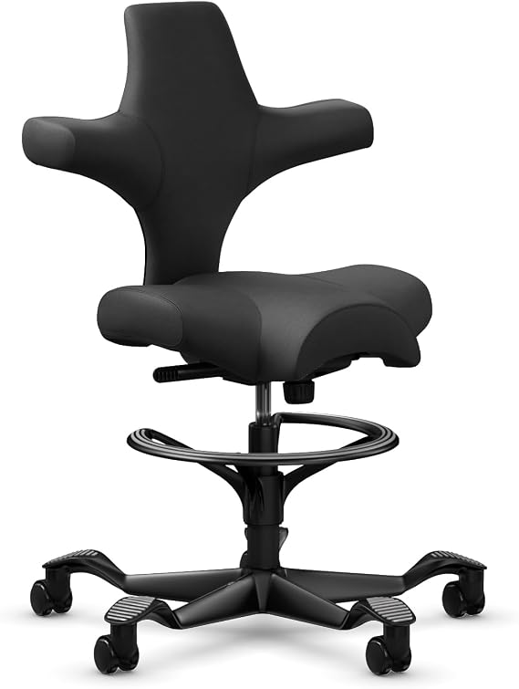 HAG Capisco Sit to Stand Chair-Black Frame-Upholstered Black Onyx-with Foot Ring