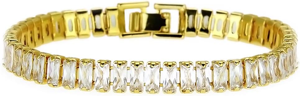 Apzzic 7mm Bling Iced Out Cubic Zirconia Baguette Diamond Hip Hop Gold Plated Tennis Chain Necklace Bracelet for Men Women