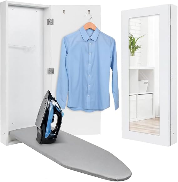 Ivation Wall-Mounted Ironing Board Cabinet with Mirror, Foldable Ironing Storage Station for Home, Apartment, Easy-Release Lever, Garment Hooks, White