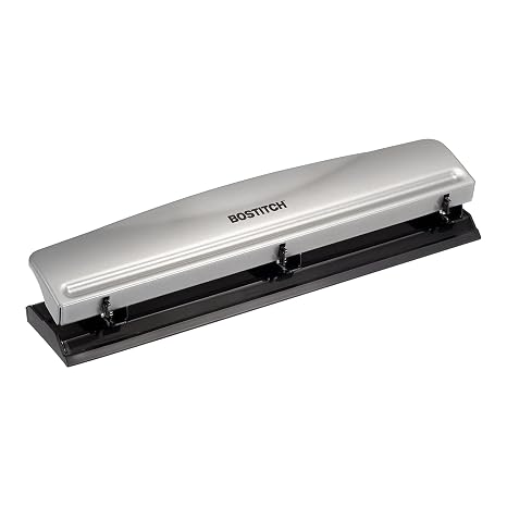 Bostitch Office 3 Hole Punch, Metal, 12 Sheet Capacity, Rubber Base, Silver