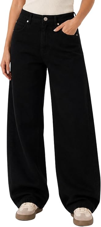 Womens Barrel Baggy Jeans Mid Waisted Wide Leg Y2K Boyfriend Denim Pants Vintage Loose Long Trousers