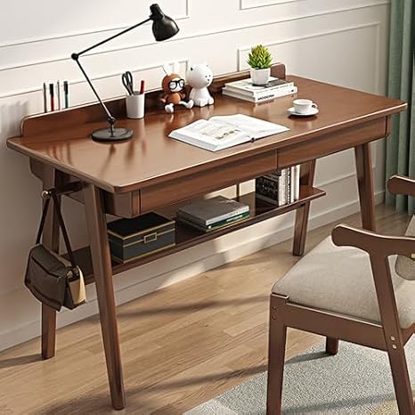 Solid Wood Writing Desk with Drawers, Mid-Century Modern Computer Desk with 2 Drawers & Storage Shelf, Home Office Desk with Hooks for Small Spaces, Easy Assembly Study Table Workstation