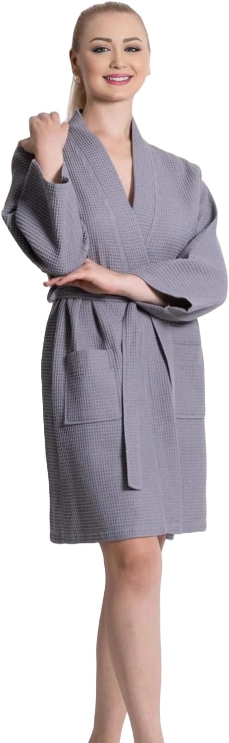 Women's Waffle Kimono Knee Length Cotton Blend Bathrobe, Gray (One Size)