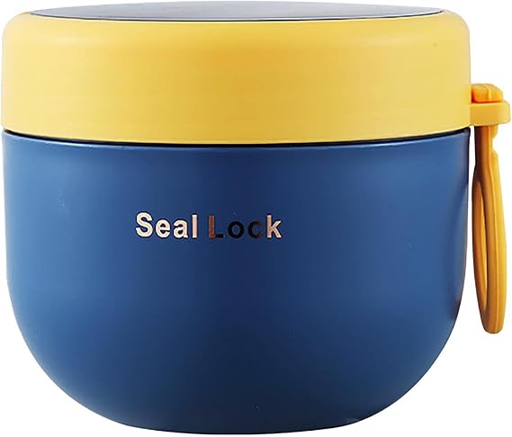 QOTSTEOS Insulated Lunch Box, 600ml Round Metal Stainless Steel Hot Food Bento Boxes, Portable Soup Salad Porridge Thermal Food Flask Jar, for Office School Soup Porridge Salad Sandwich Picnic(Blue)